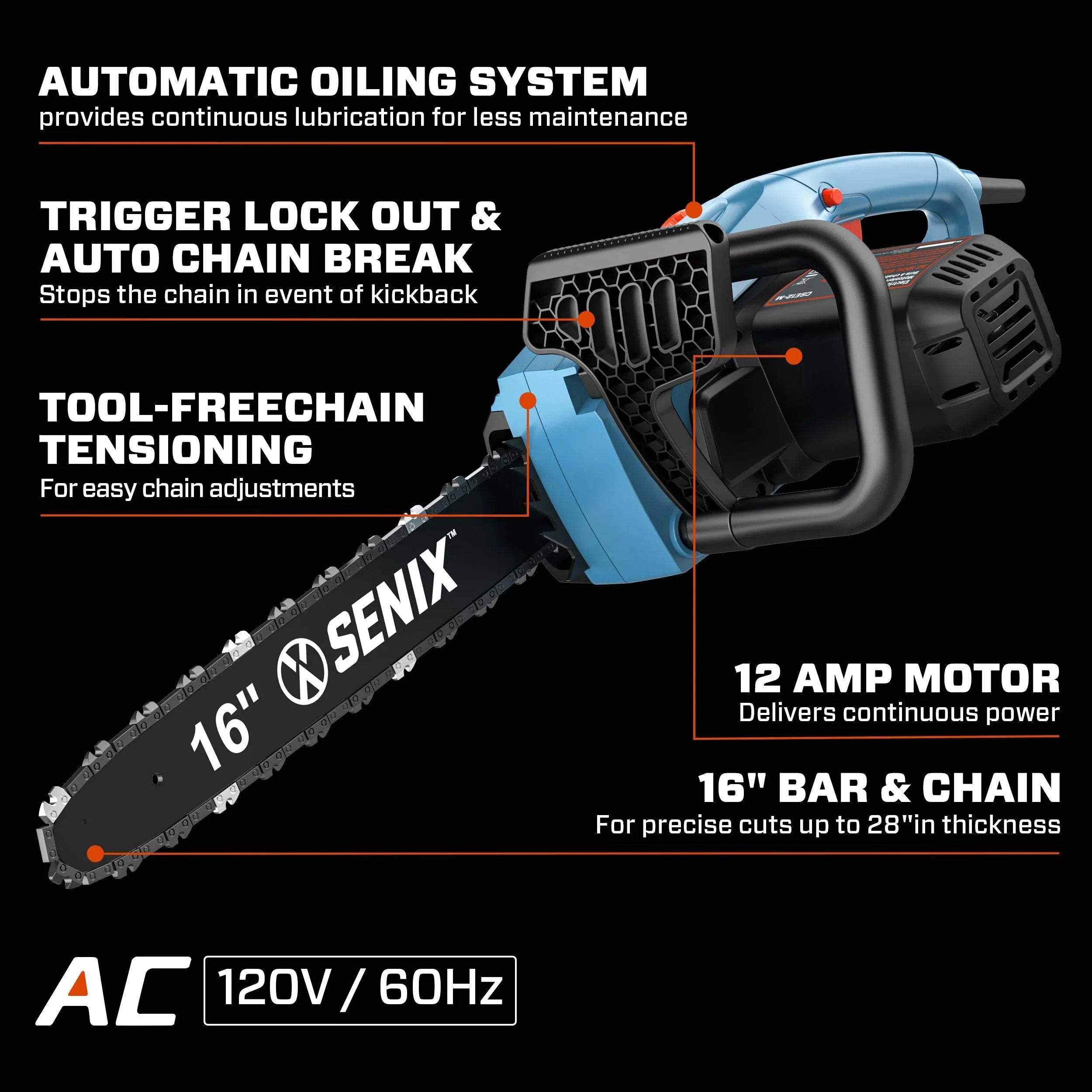 Motosierra eléctrica con cable de 12 amperios y 16 pulgadas