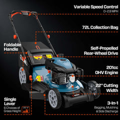 SENIX 22" Self-Propelled Gas Lawn Mower with Variable Speed, 201cc 4-Cycle RATO RV200Pro Engine, 3-in-1 Cutting System, 6-Position Height Adjustment
