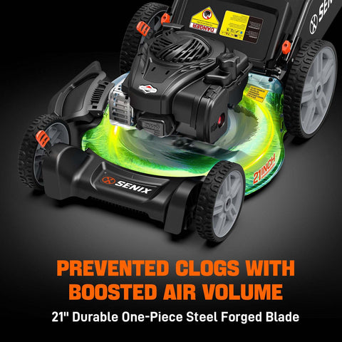 SENIX 21" 140cc 4-Cycle Briggs & Stratton Engine Gas Push Lawn Mower with 3-in-1 Mulching, Bagging, Side Discharge