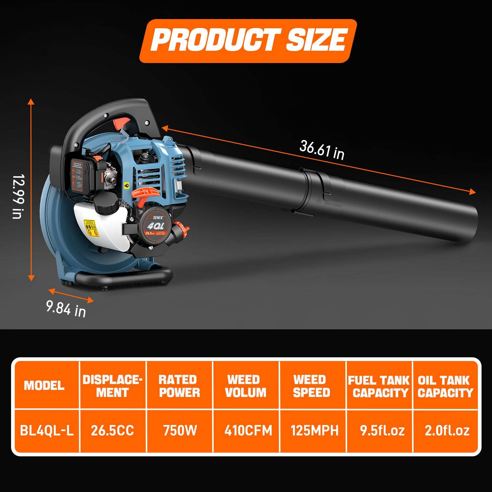Soplador de hojas portátil a gasolina de 4 tiempos y 26,5 cc 4QL®