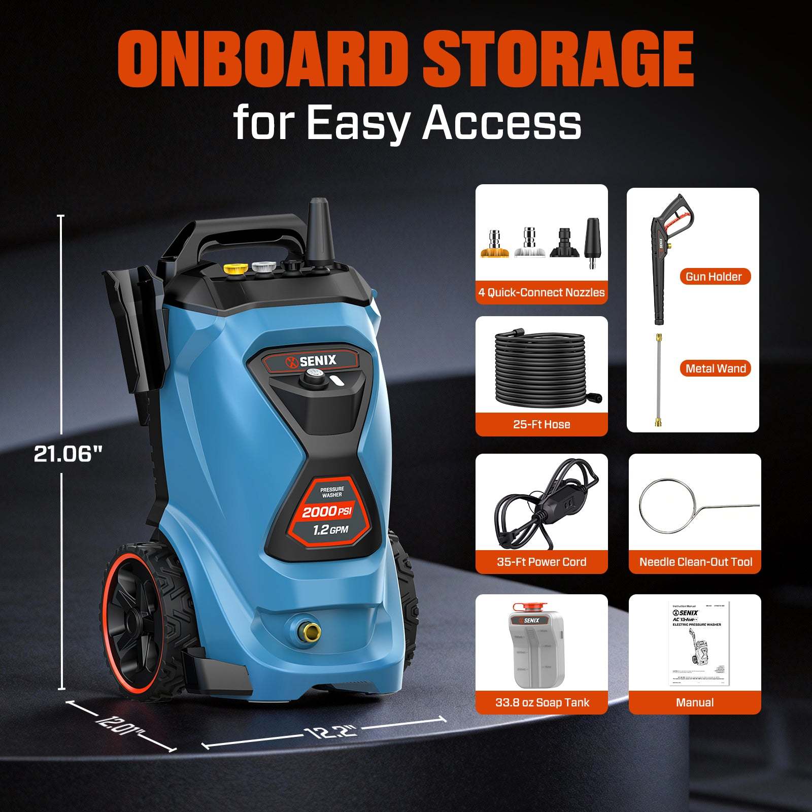 SENIX 2000 PSI Electric Pressure Washer, 1.2 GPM Compact Power Cleaner