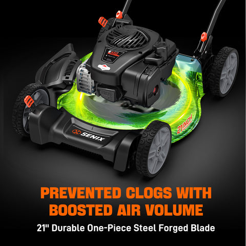 SENIX 21" 125cc 4-Cycle Briggs & Stratton Engine Gas Push Lawn Mower with 2-in-1 Mulching, Side Discharge