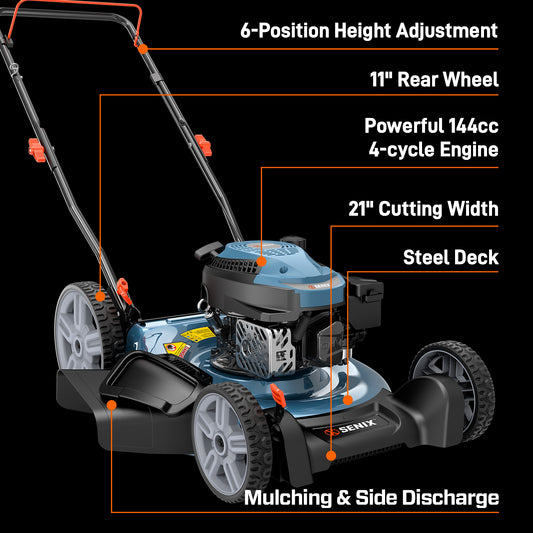 SENIX 21" 144cc 4-Cycle Gas Push Lawn Mower with 2-in-1 Side Discharge & Mulching