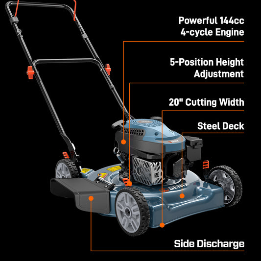 SENIX 20" 144cc 4-Cycle Gas Push Lawn Mower with Side Discharge