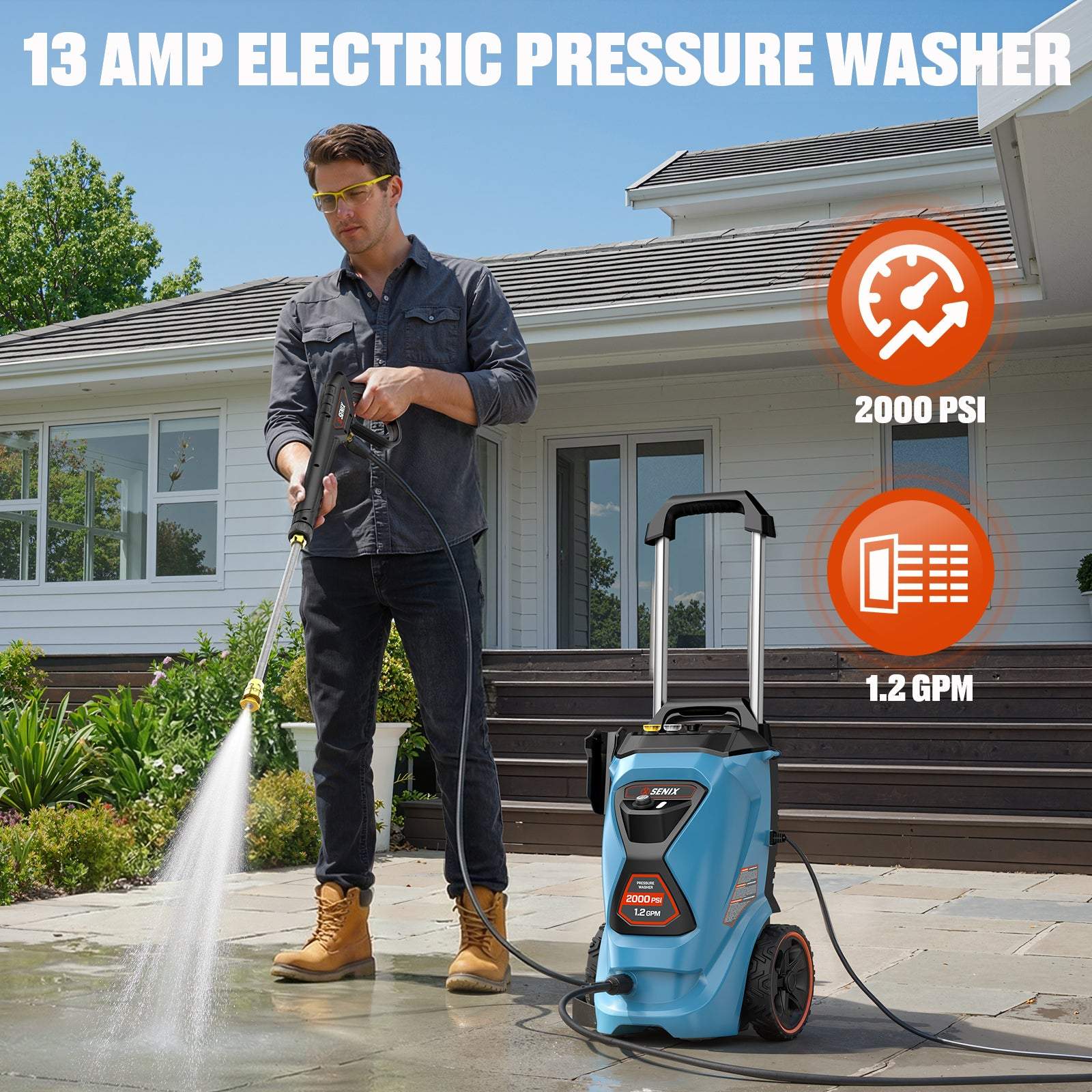 SENIX 2000 PSI Electric Pressure Washer, 1.2 GPM Compact Power Cleaner with 4 Quick-Connect Nozzles