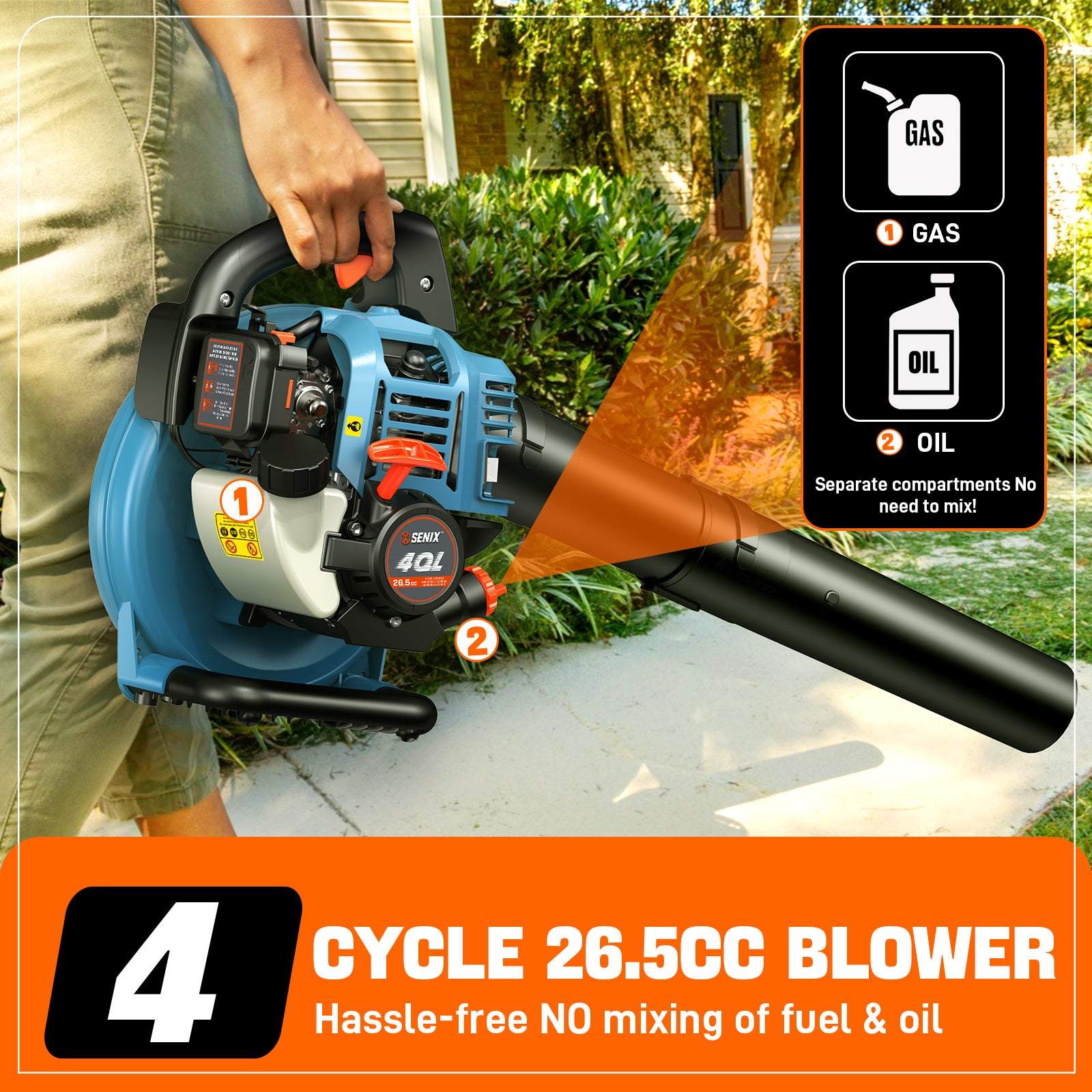 Soplador de hojas portátil a gasolina de 4 tiempos y 26,5 cc 4QL®