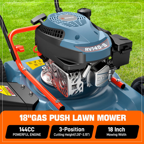 SENIX 18" 144cc 4-Cycle Gas Powered Lawn Mower with Side Discharge | Lawn Mowers | SENIX Tools