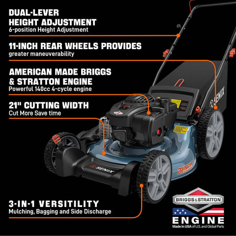 SENIX 21" 140cc 4-Cycle Briggs & Stratton Engine Gas Push Lawn Mower with 3-in-1 Mulching, Bagging, Side Discharge