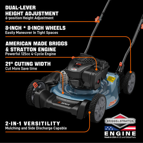 SENIX 21" 125cc 4-Cycle Briggs & Stratton Engine Gas Push Lawn Mower with 2-in-1 Mulching, Side Discharge