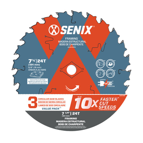 SENIX 7-1/4" Circular Saw Blade, 24-Tooth Wood Cutting, 3-Pack Framing Blades - AUCS-0006