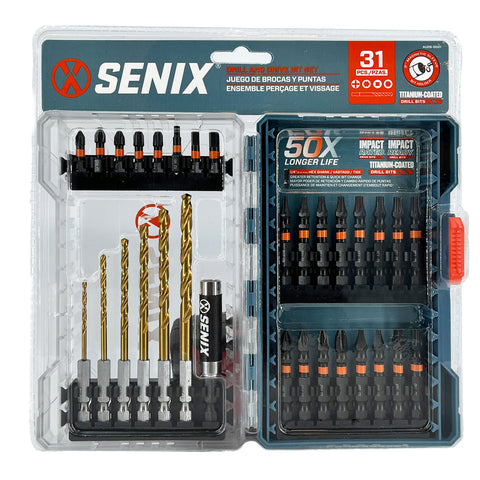 SENIX 31-Piece Driver Bit and Titanium-Coated Drilling Bit Set with Magnetic Bit Holder - AUDS-0001