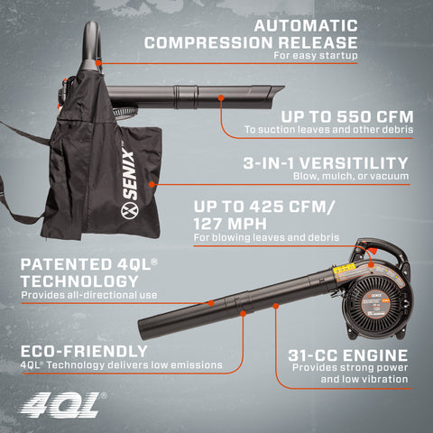 4QL® 31 cc 4-Cycle Handheld Gas Powered Leaf Blower and Vac, BLV4QL-M