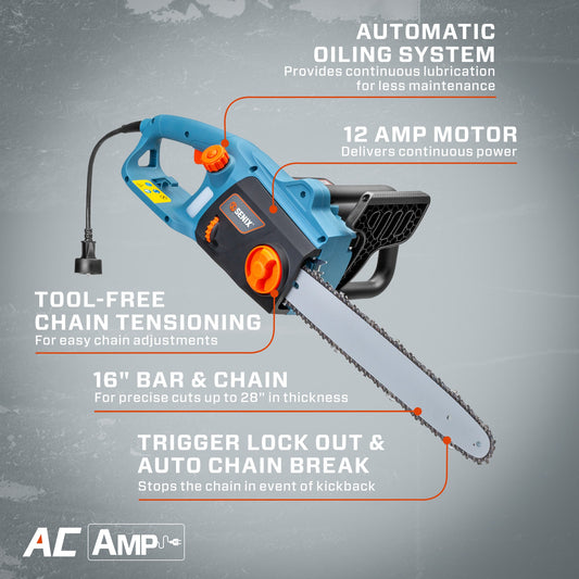 12 Amp 16" Corded Electric Chainsaw | Chainsaws | SENIX Tools