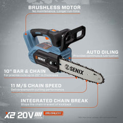 X2 20V Max* 10" Cordless Chainsaw, Brushless (2.5 Ah Battery & Charger | Chainsaws | X2 20V Max 10" Cordless Chainsaw | SENIX Tools