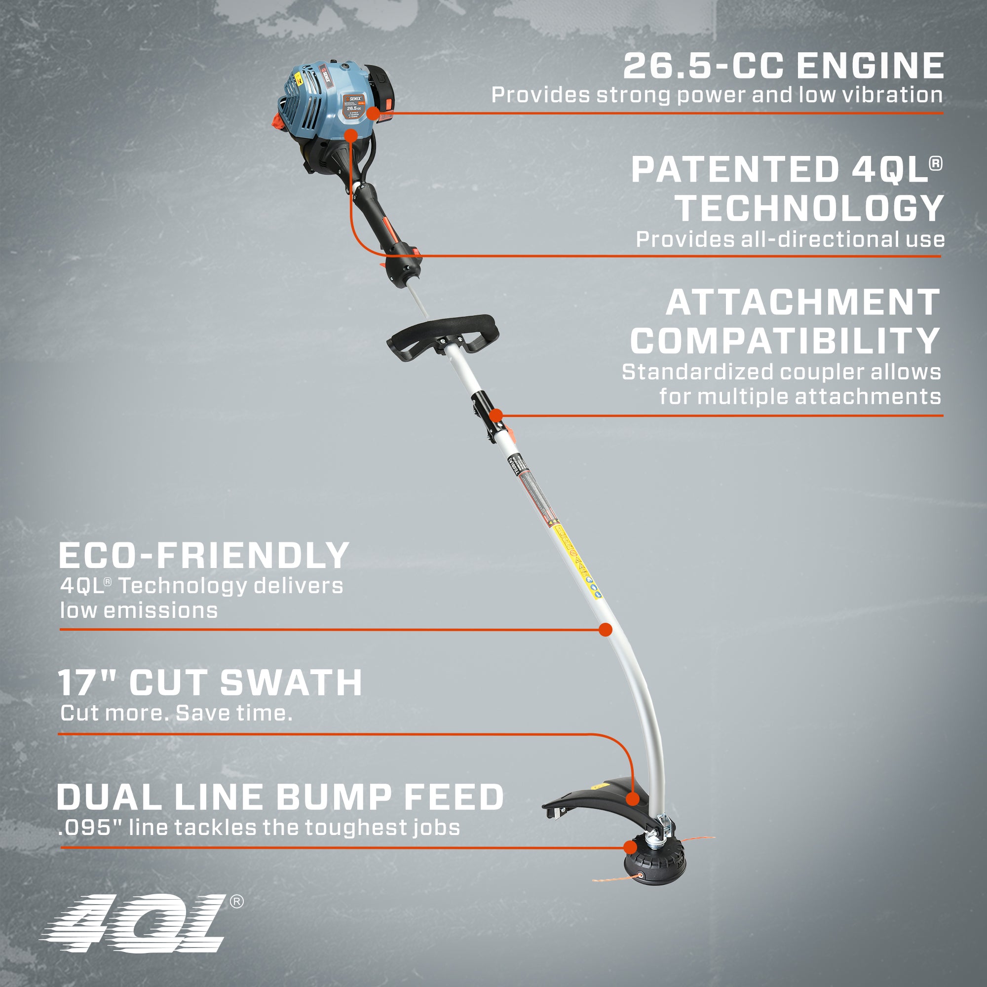 4QL® 26.5 cc 4-Cycle Gas Powered String Trimmer, 17-Inch Cutting Width,  Detachable Curve Shaft, GTC4QL-L