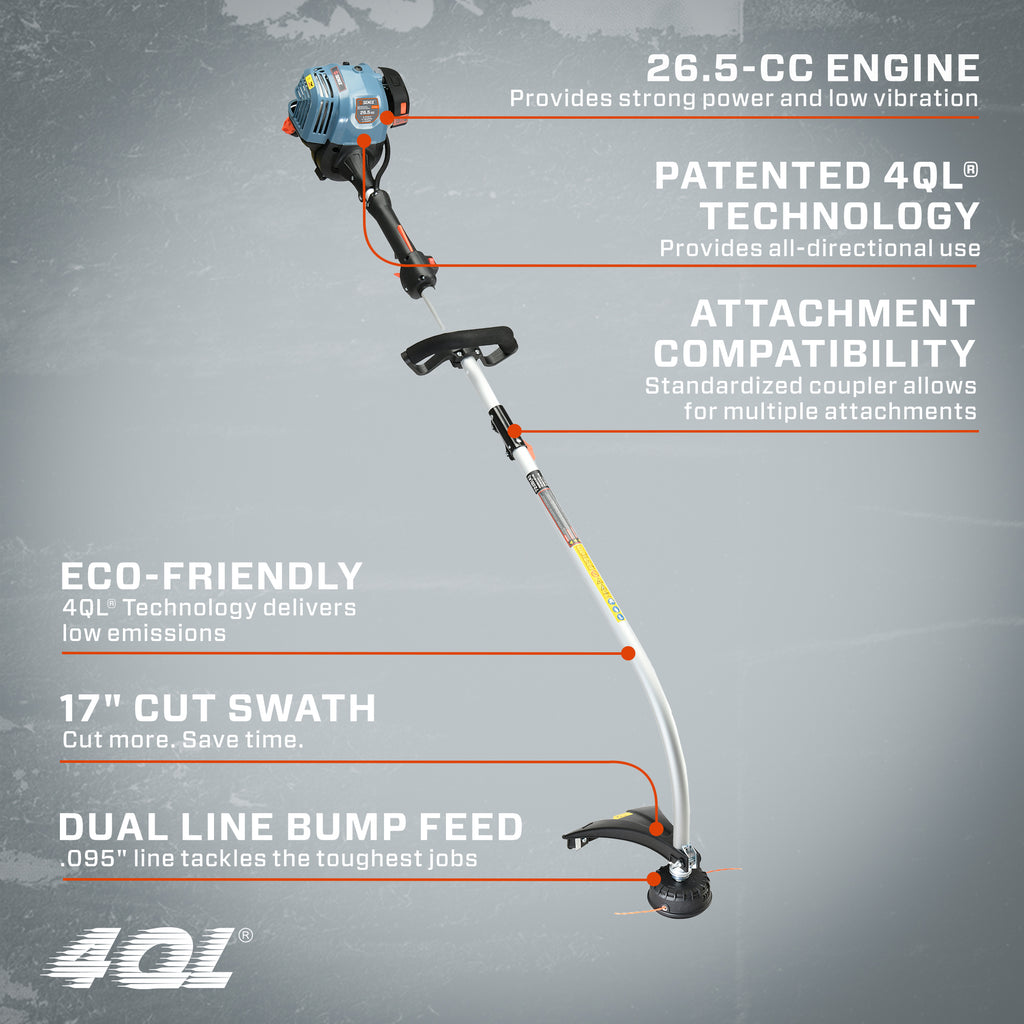 4QL® 26.5 cc 4-Cycle Gas Powered String Trimmer, 17-Inch Cutting Width, Detachable Curve Shaft,  GTC4QL-L