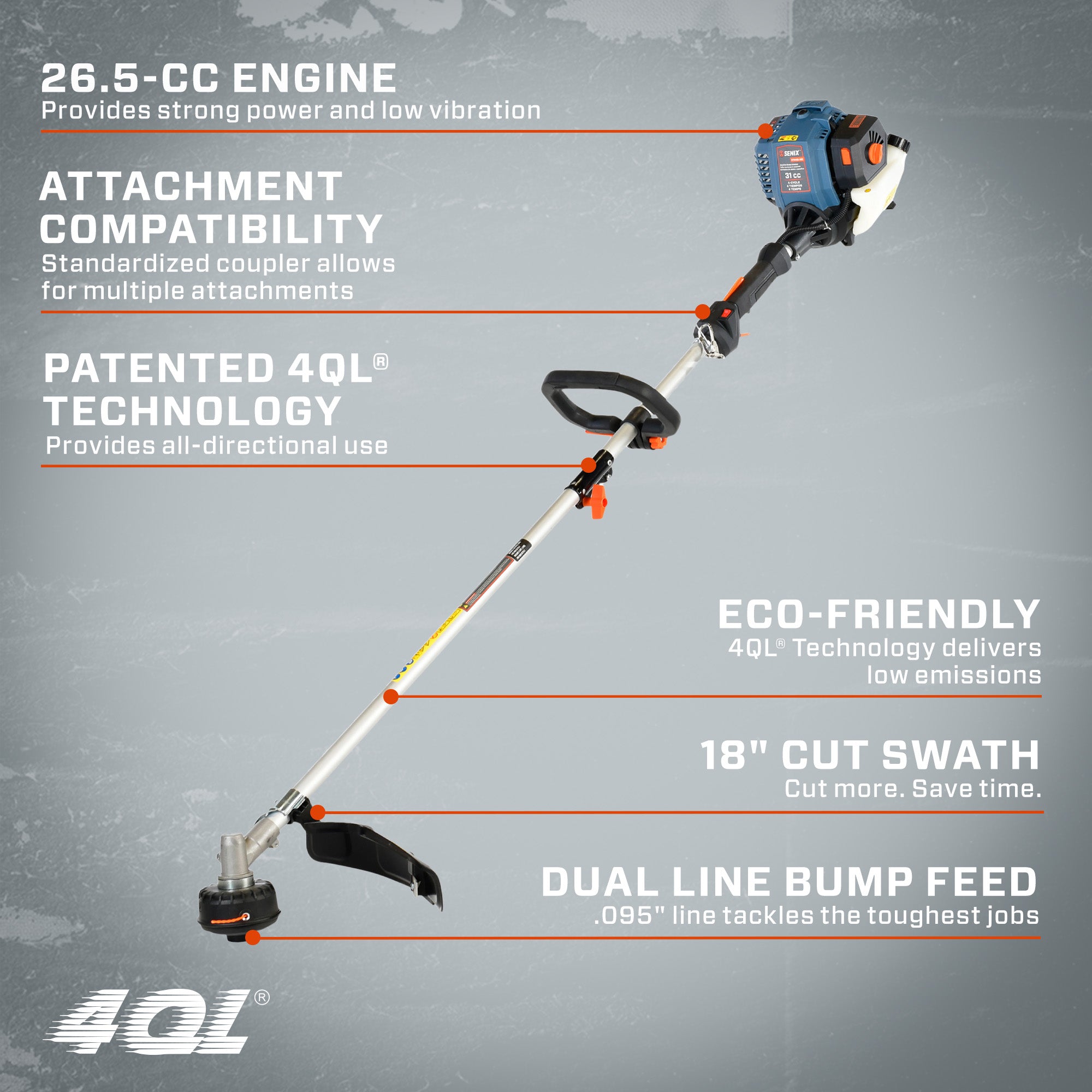 4QL® 26.5 cc 4-Cycle Gas Powered String Trimmer, 18-Inch Cutting Width,  Detachable Straight Shaft, GTS4QL-L