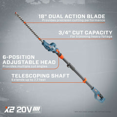 X2 20V Max 18" Cordless Pole Hedge Trimmer - Tool Only | Hedge Trimmers | SENIX Tools