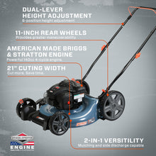 Load image into Gallery viewer, 21-Inch 140cc Gas Powered 4-Cycle Push Lawn Mower, 2-In-1, Mulch and Side Discharge, High Rear Wheels, LSPG-M6