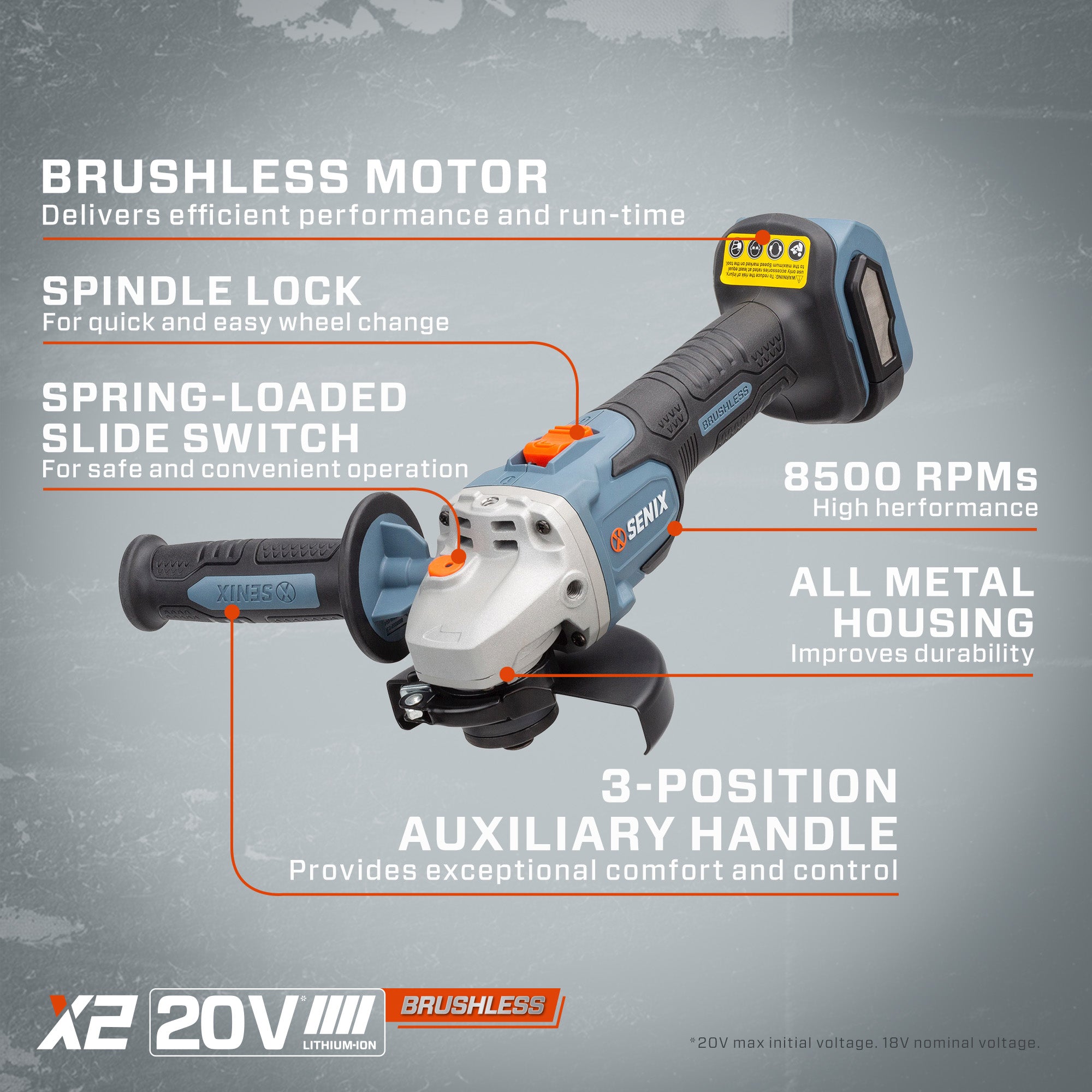 20 Volt Max* 5-Inch Brushless Angle Grinder (Battery and Charger Inclu –  SENIX Tools
