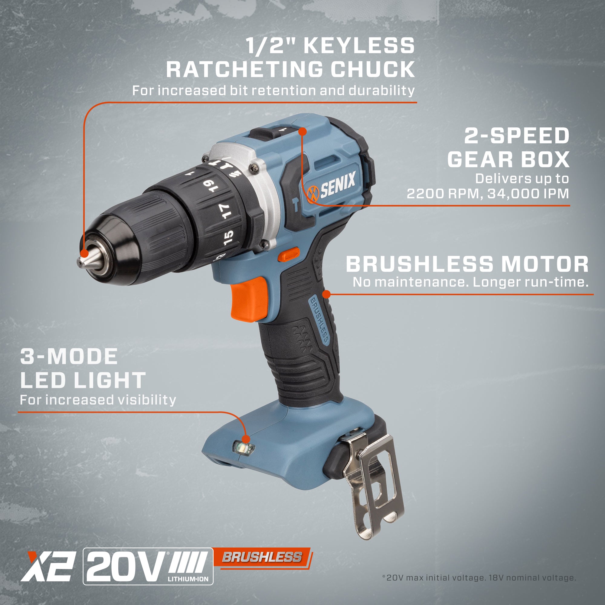 20 Volt Max* 1/2-Inch Brushless Hammer Drill (Battery and Charger Incl –  SENIX Tools