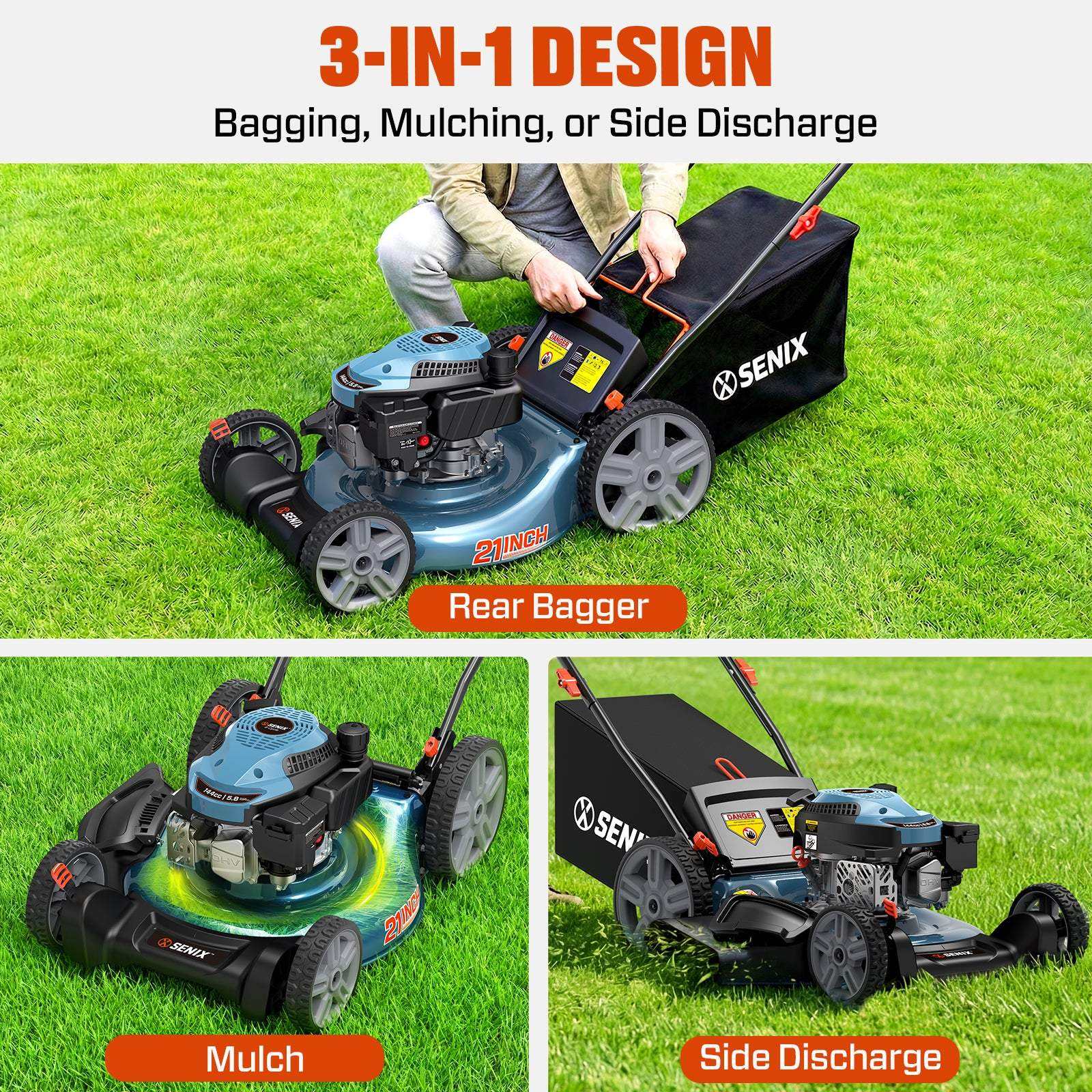 SENIX Gas Lawn Mower & 20V Cordless Trimmer Blower 3-Tool Combo Kit