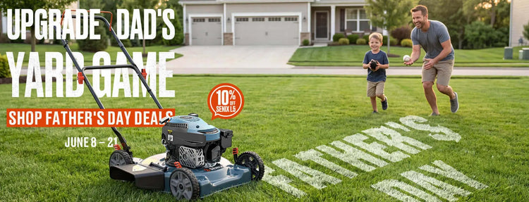 Father and son playing with a lawn mower on a grassy lawn, with promotional text for Father's Day deals.