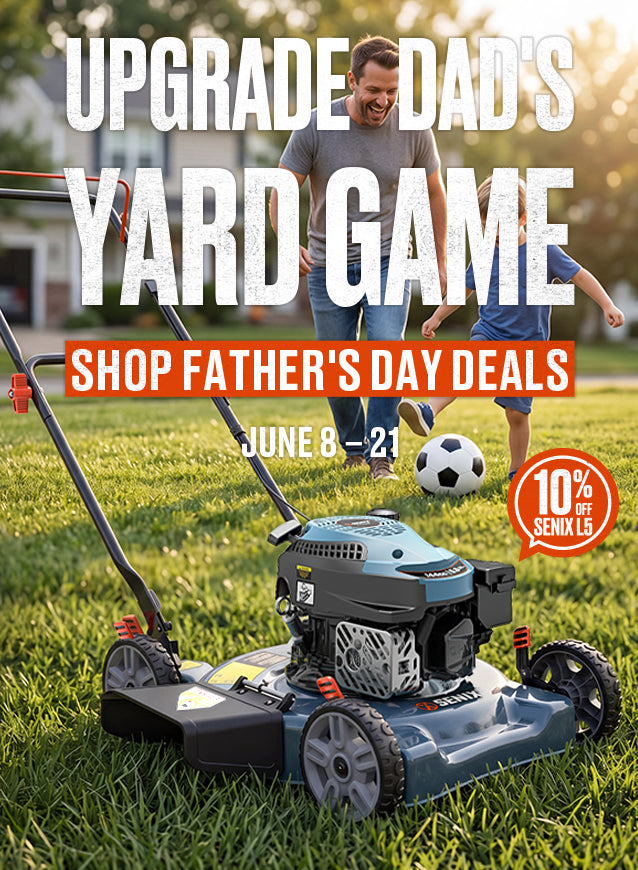 SENIX GAS LAWN Mower LSPG-L5 on grass with text overlay for Father's Day deals