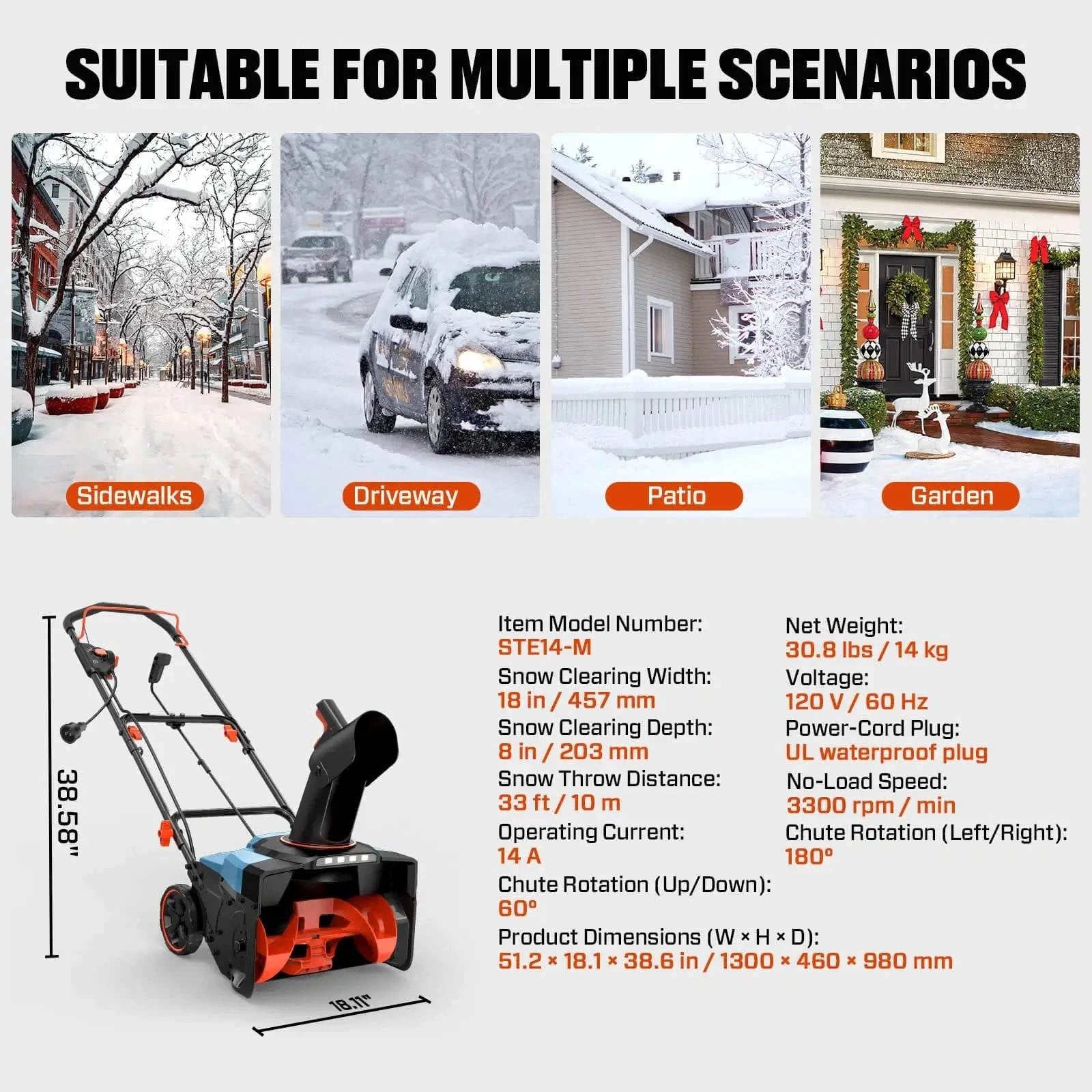 Soplador de nieve eléctrico con cable SENIX de 14 amperios y 18 pulgadas
