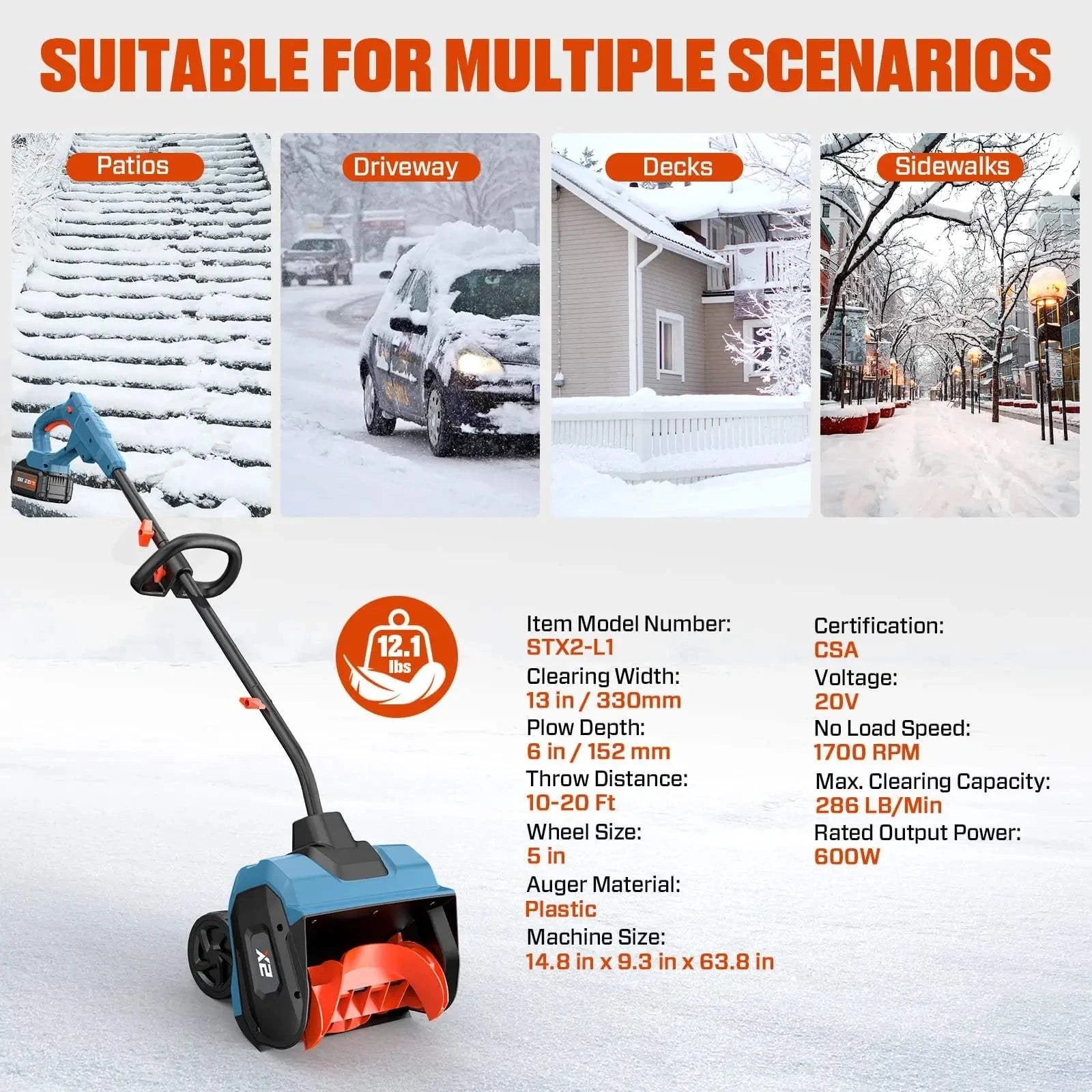 SENIX X2 20V Max 13" Cordless Snow Shovel STX2-L1