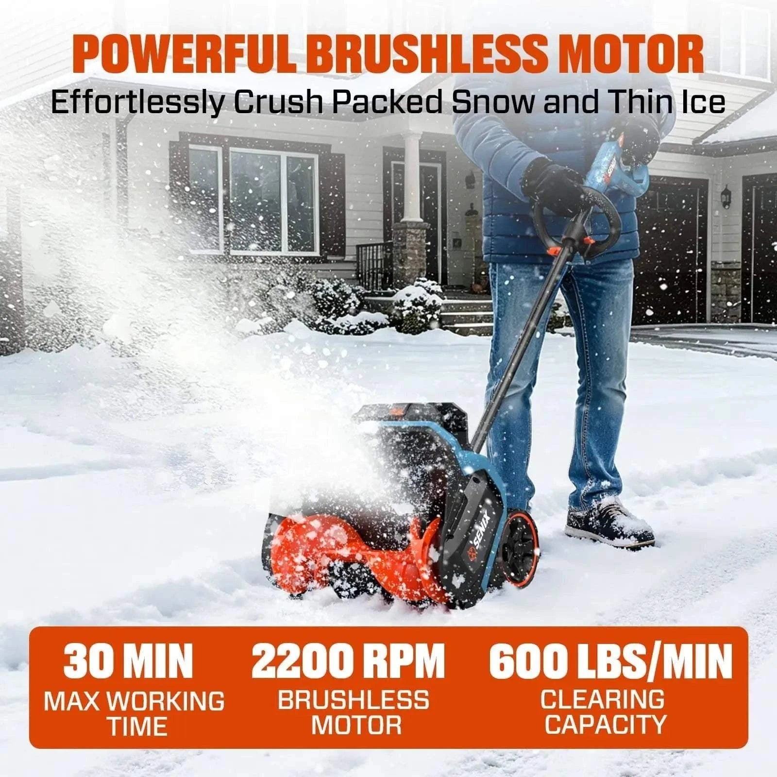 SENIX 2X2 40V Max 15-Inch Cordless Snow Shovel, Brushless, 2*5.0Ah Batteries & 2*Chargers Included STX2-M2