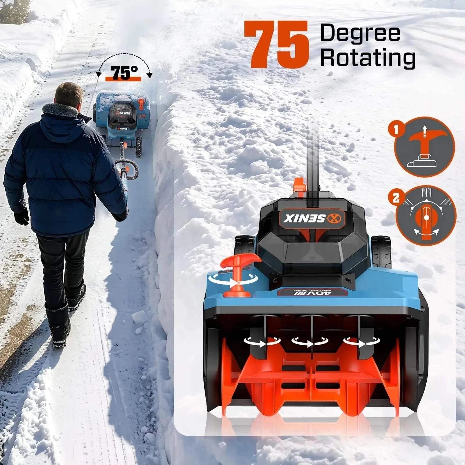 SENIX 2X2 40V Max 15-Inch Cordless Snow Shovel, Brushless, 2*5.0Ah Batteries & 2*Chargers Included STX2-M2