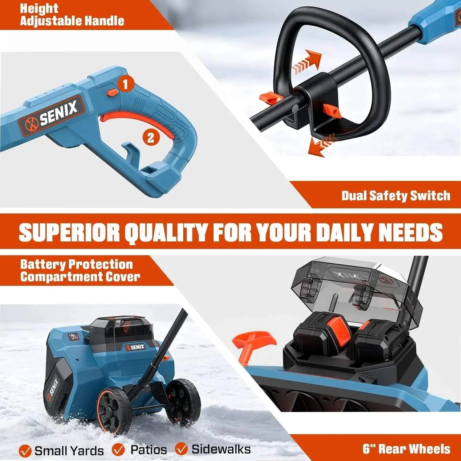 SENIX 2X2 40V Max 15-Inch Cordless Snow Shovel, Brushless, 2*5.0Ah Batteries & 2*Chargers Included STX2-M2