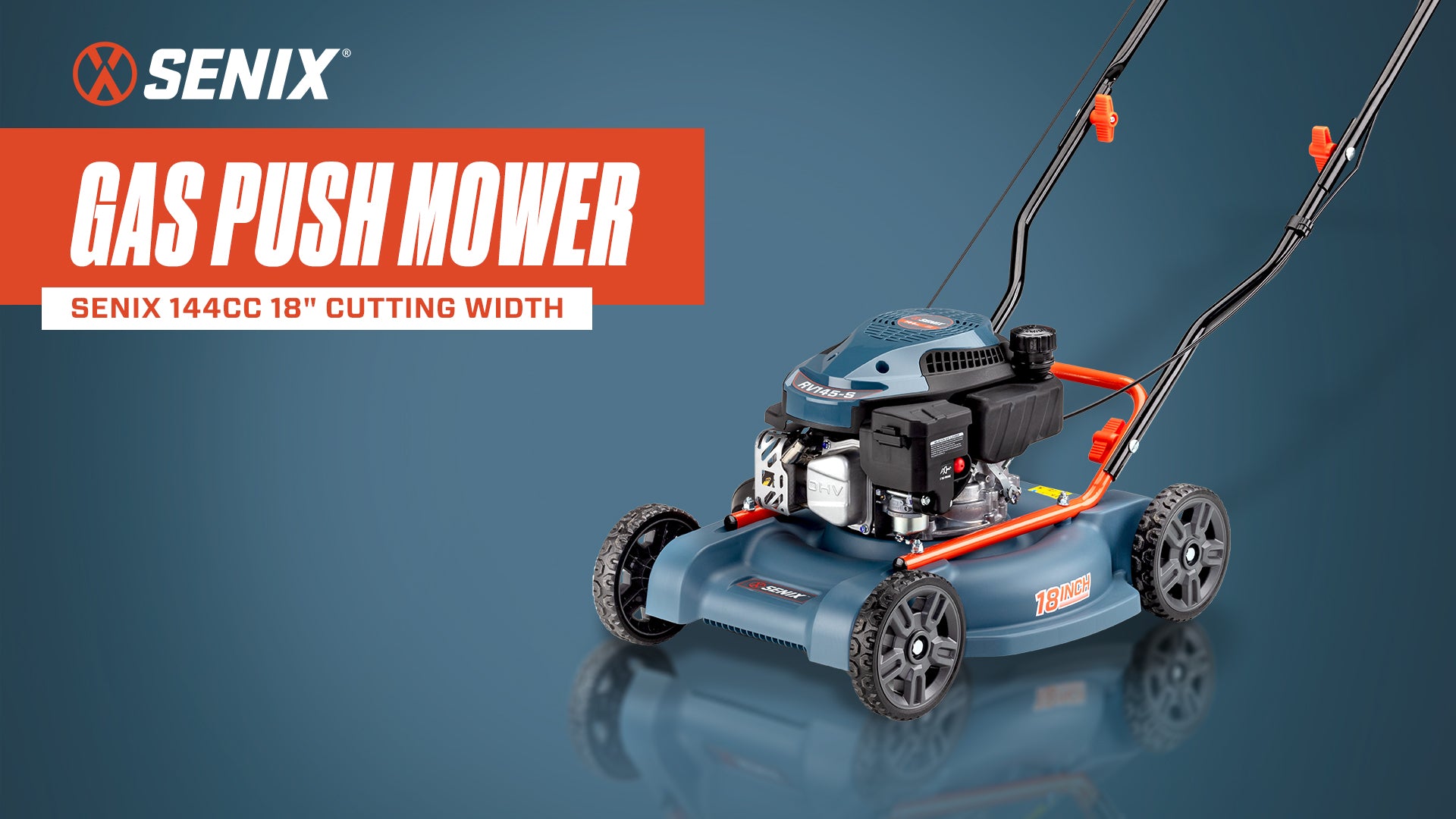 SENIX 18'' Gas Lawn Mower 144 cc 4 Cycle Engine Push Lawn mower with Side Discharge LSPG L1