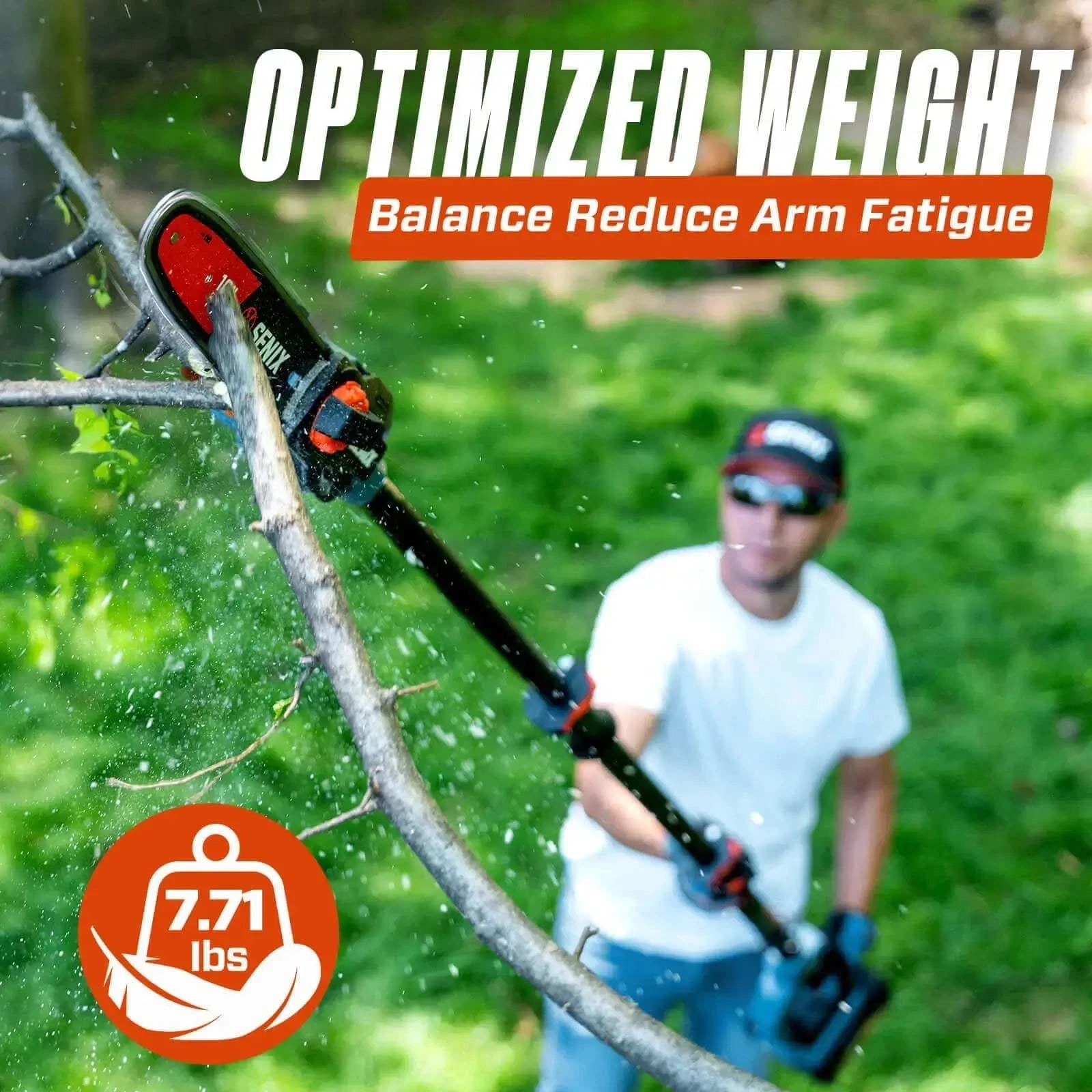 An operator trimming yard trees with a lightweight SENIX pole saw, showcasing the optimized weight design to reduce arm fatigue.